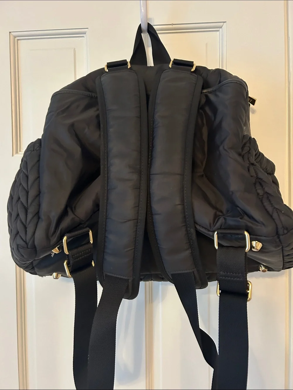 Happy Black Quilted Backpack Diaper Bag with Gold Accent
